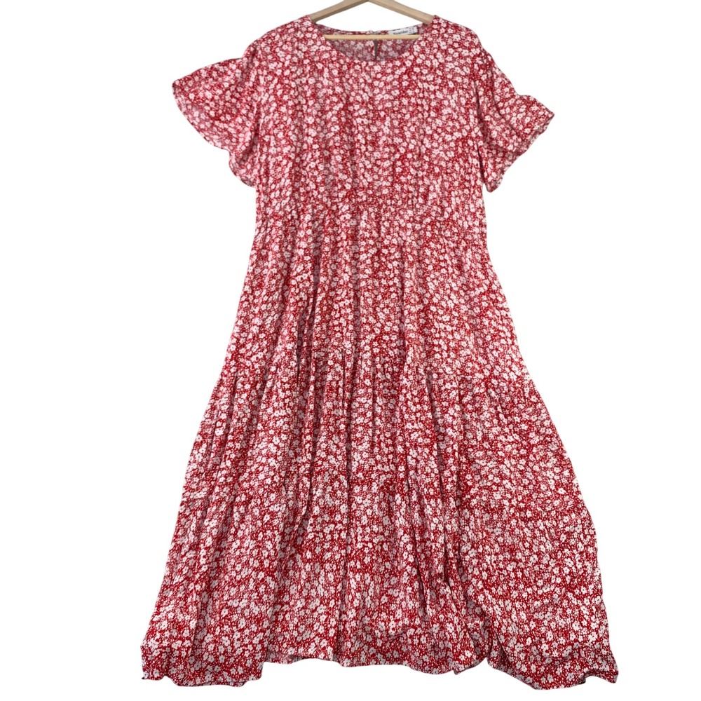 Nemidor Floral Tiered Maxi Dress Womens 20 Red White Short Sleeve Boho Cottage